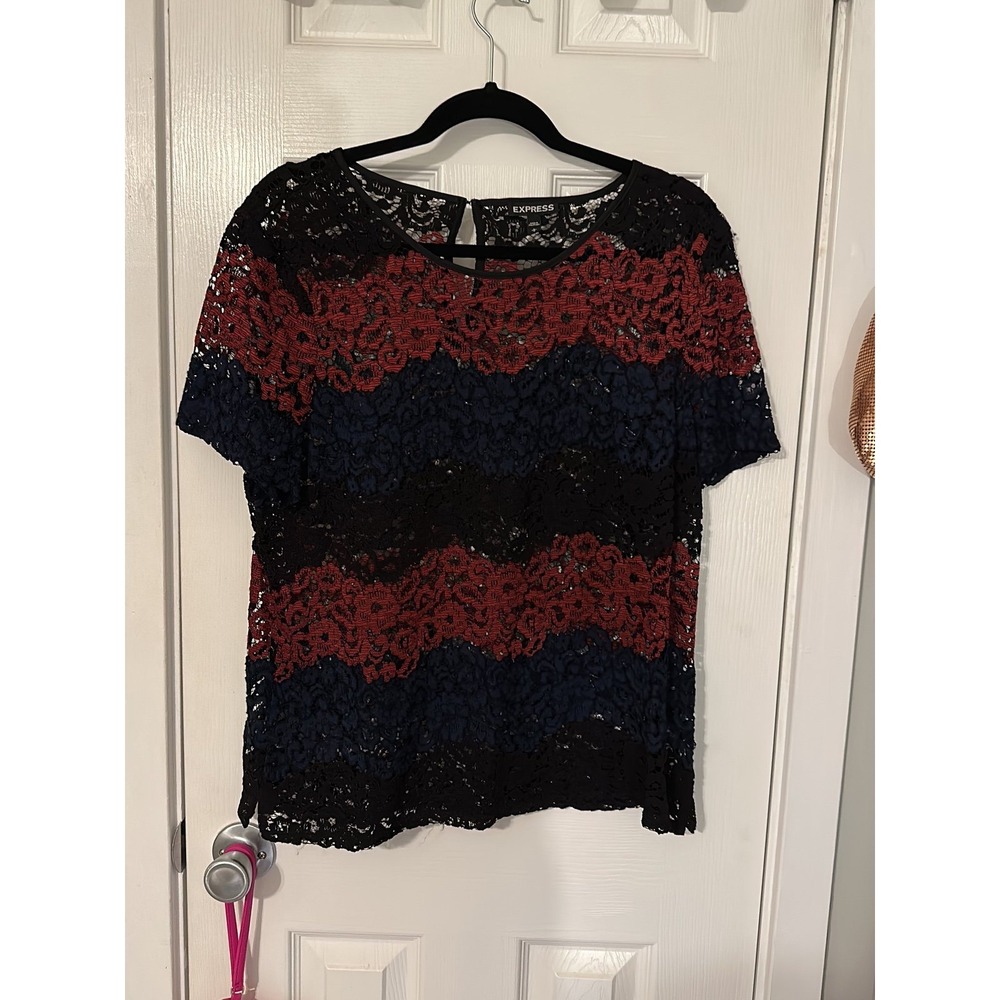 Express Floral Lace Blouse Large Black Burgundy Navy Short Sleeve Sheer Top